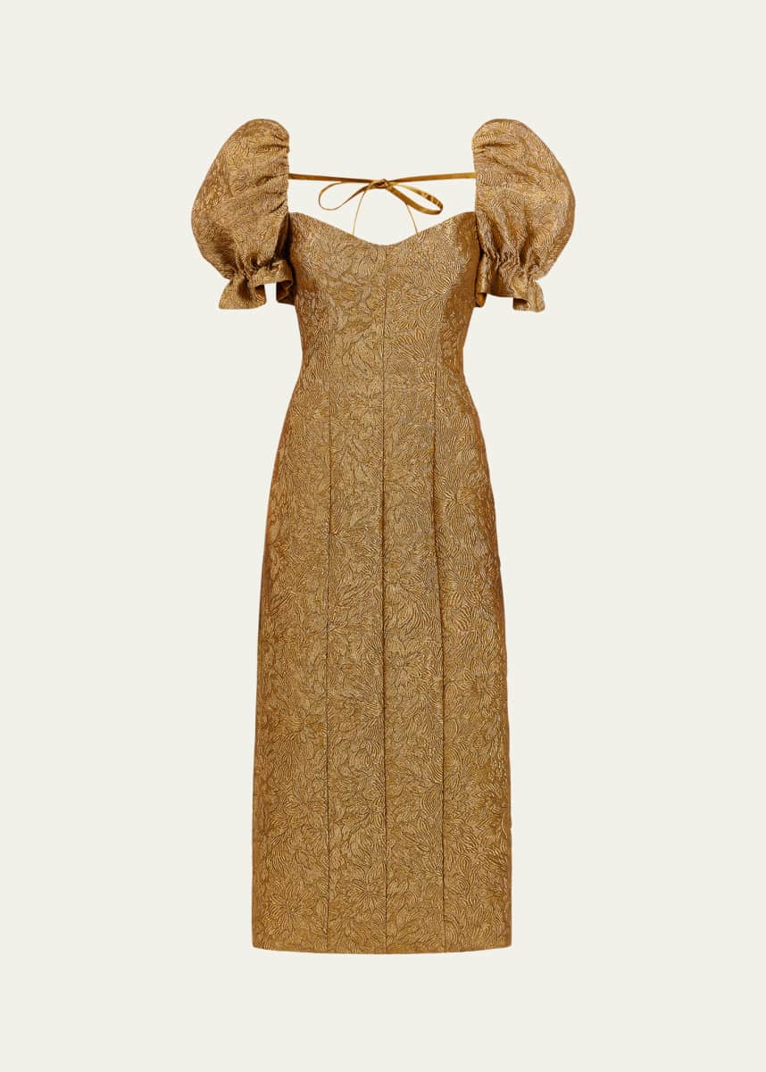 Markarian Farrah Brocade Puff-Sleeve Column Midi Dress