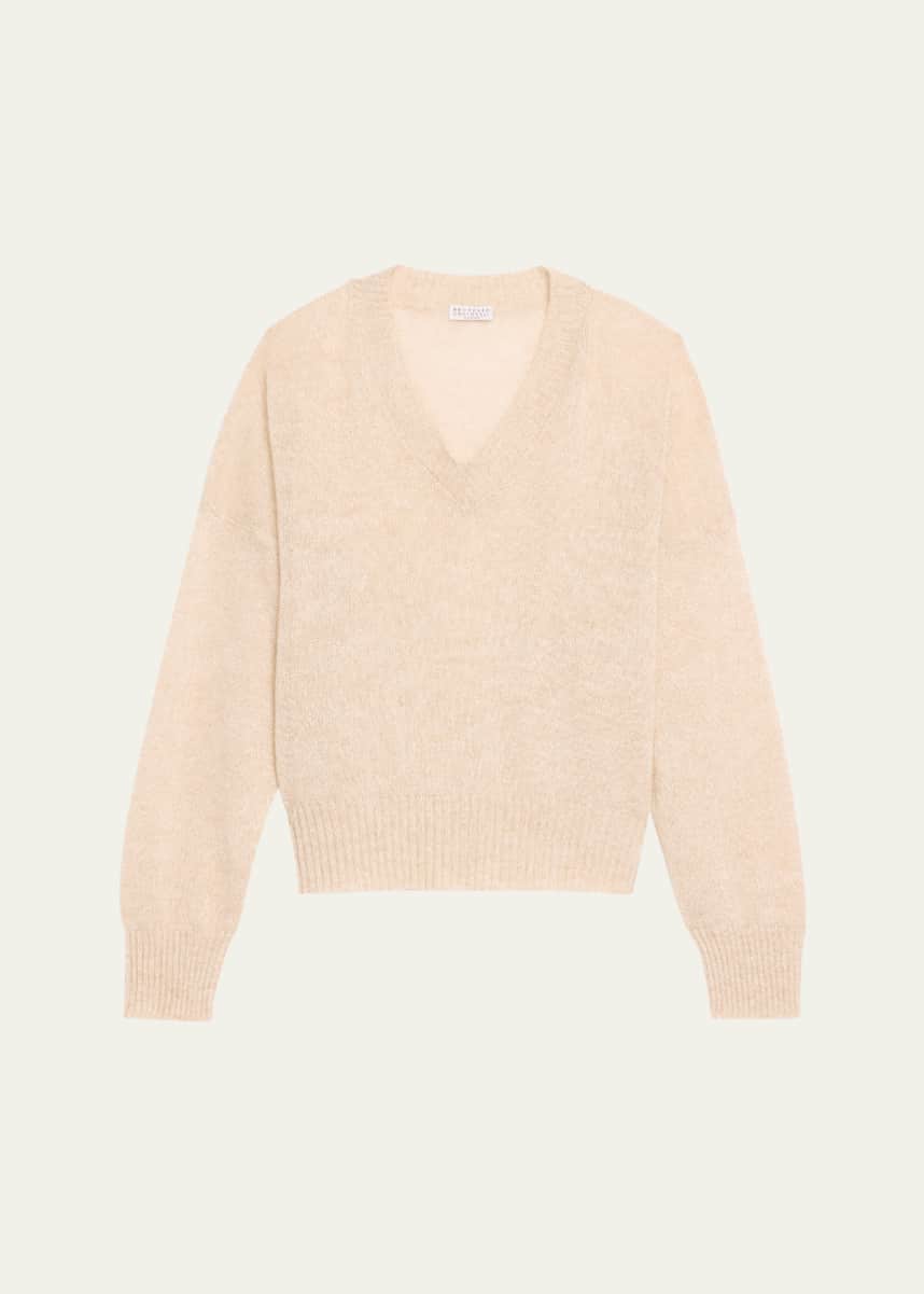 Brunello Cucinelli Micro Paillettes V-Neck Mohair Knit Sweater