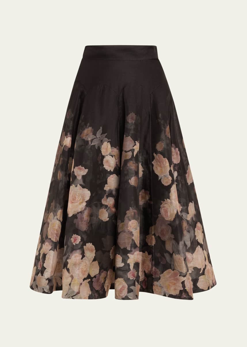 Zimmermann Crush Flared Floral Midi Skirt