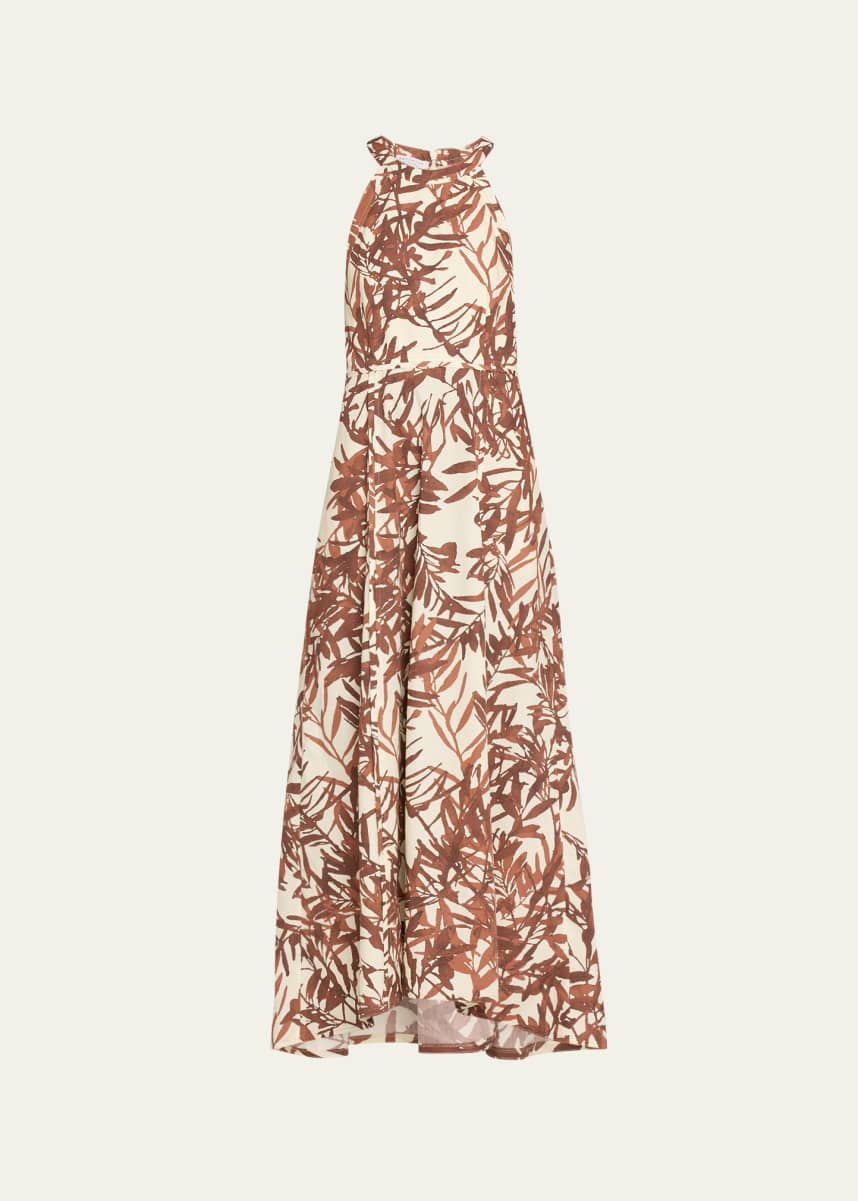 Brunello Cucinelli Herbarium Print Cotton Poplin Halterneck Volume Dress