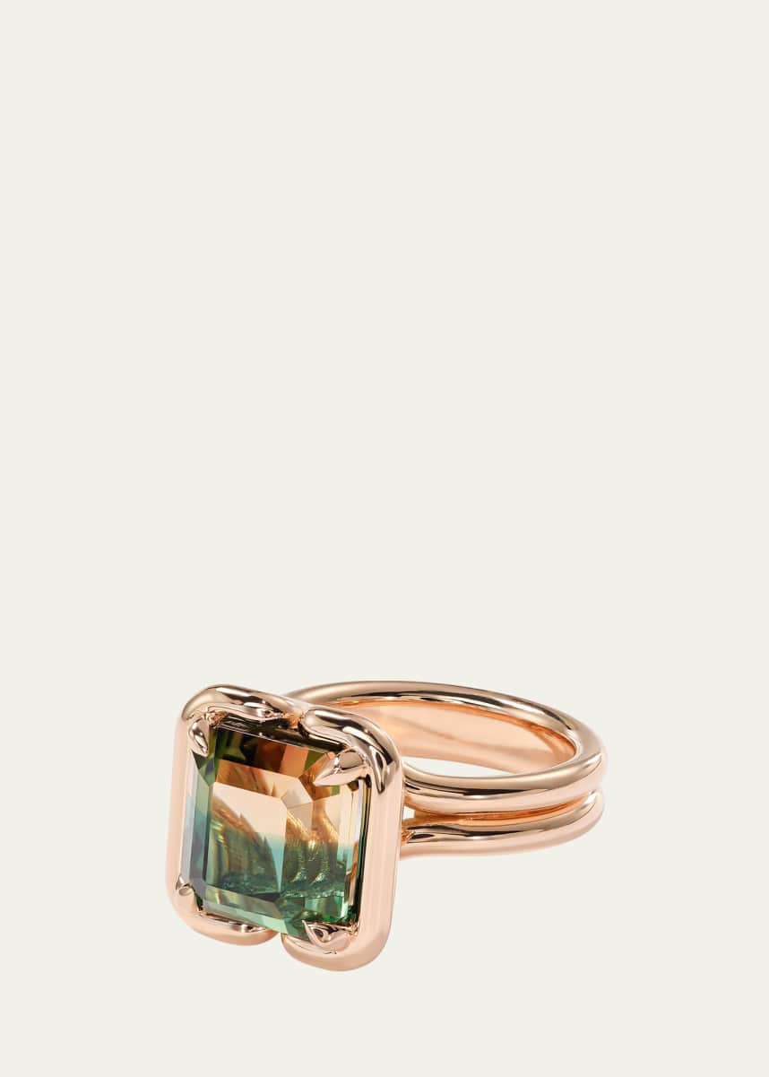 Nak Armstrong 20K Rose Gold Buttress Emerald-Cut Bicolor Tourmaline Solitaire Ring, Size 7