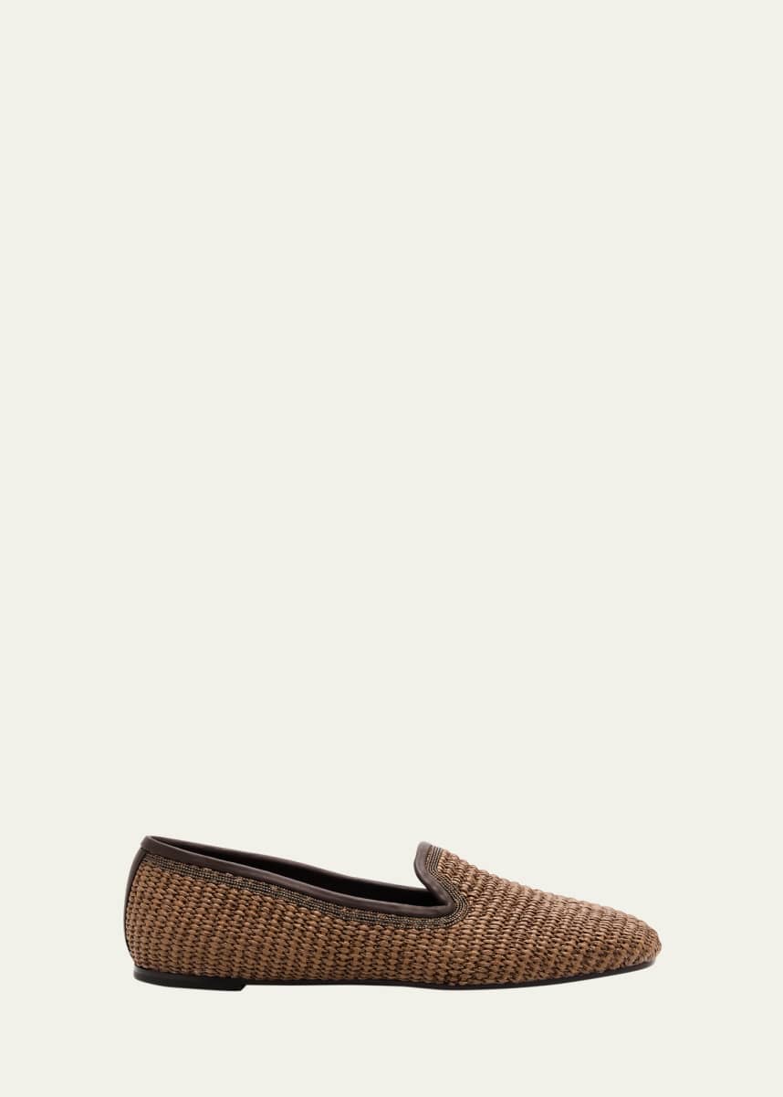 Brunello Cucinelli Raffia Monili Slip-On Loafers