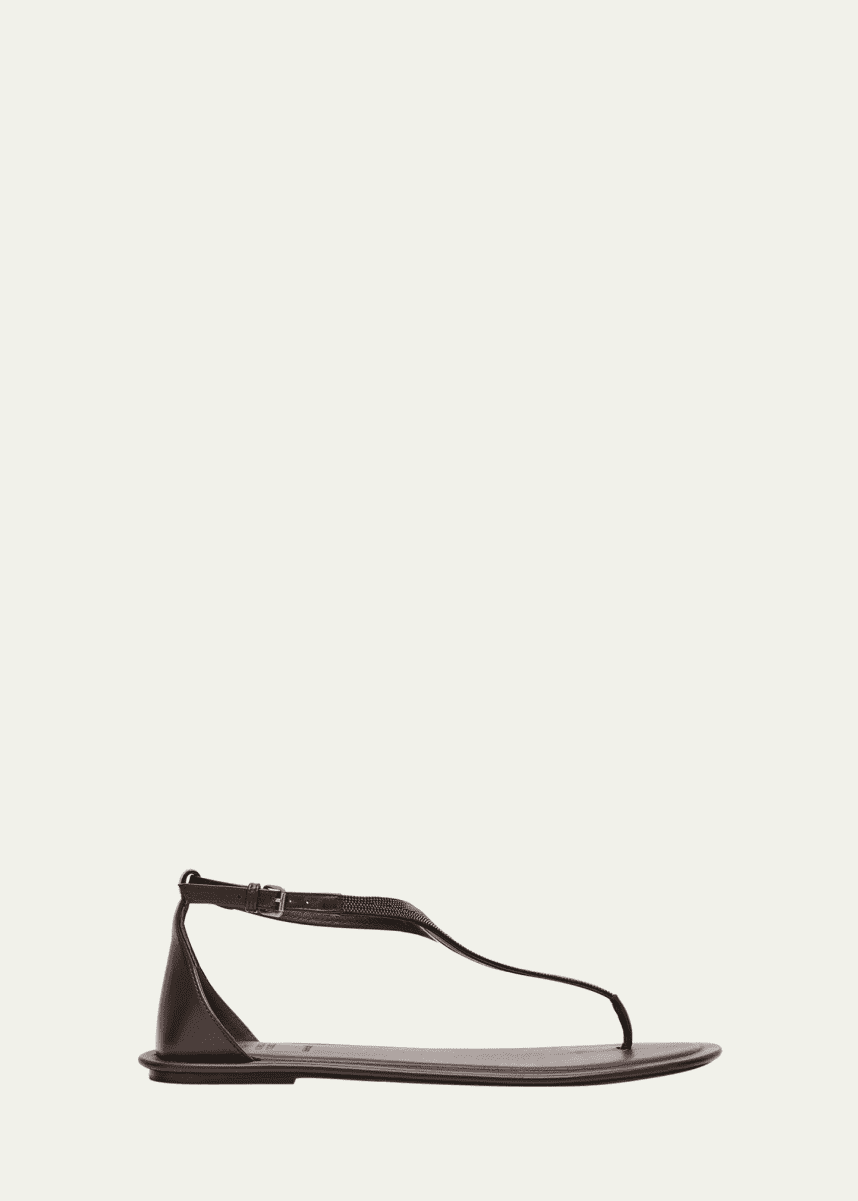 Brunello Cucinelli Beaded Leather T-Strap Sandals