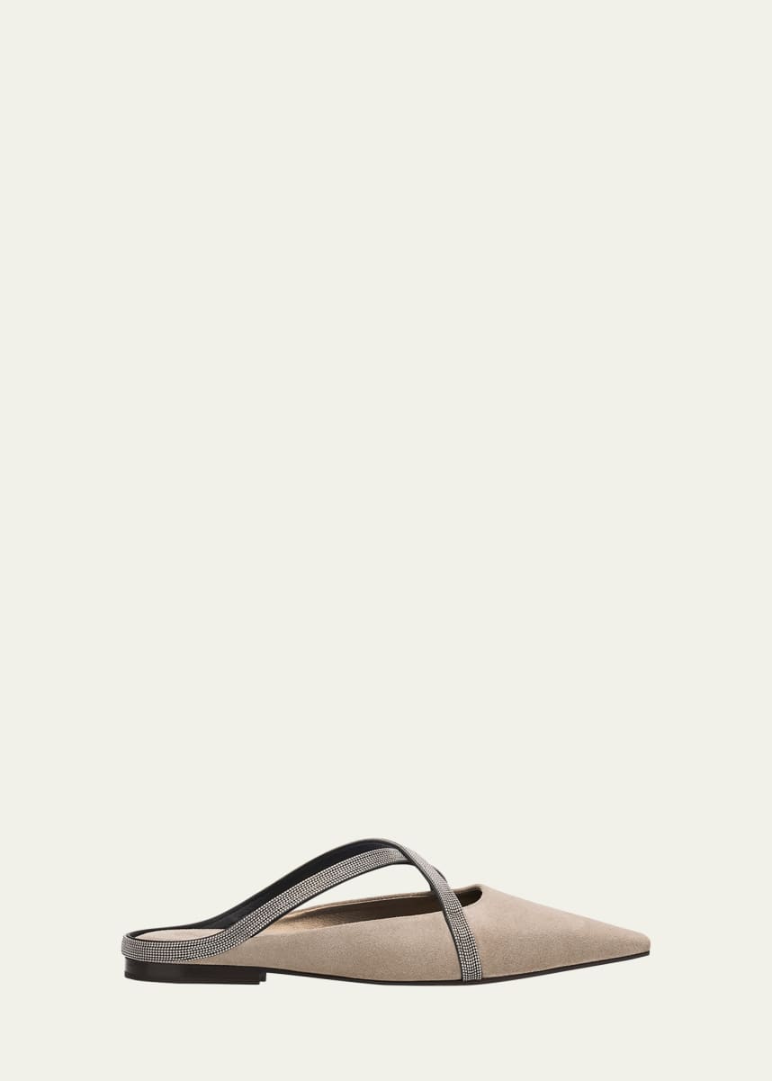 Brunello Cucinelli Monili Crisscross Suede Mule Flats