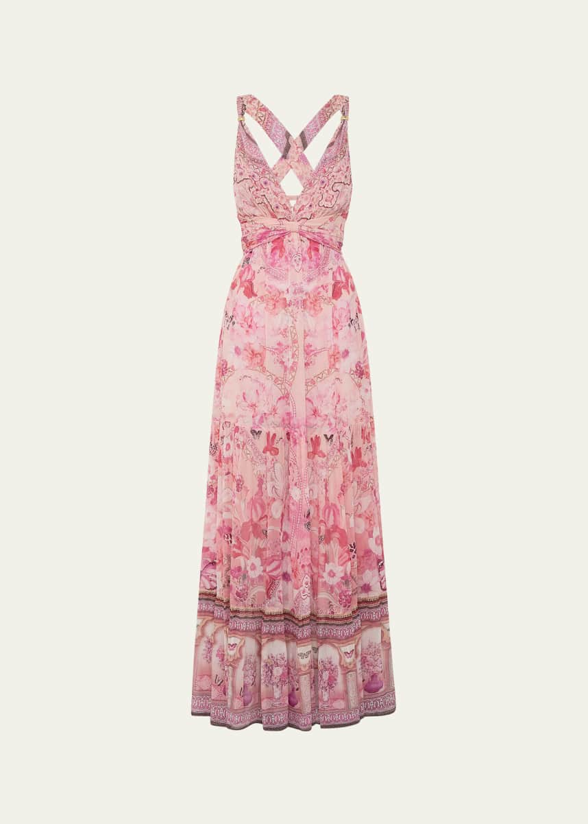 Camilla Botanical Novella Bead-Strap Gathered Panel Dress