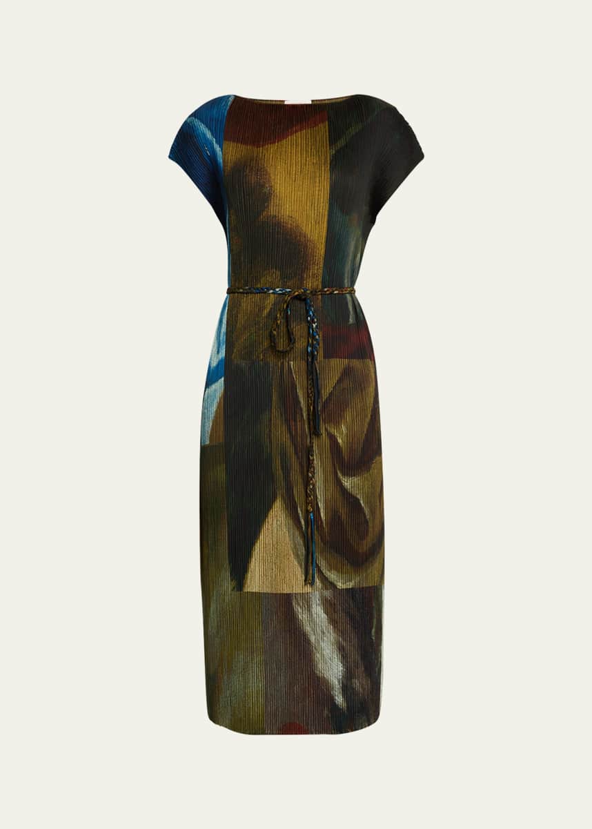Lafayette 148 New York Pleated Abstract-Print Midi Dress