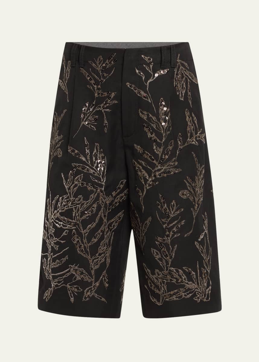 Brunello Cucinelli Structured Canvas Herbarium Sequined Shorts