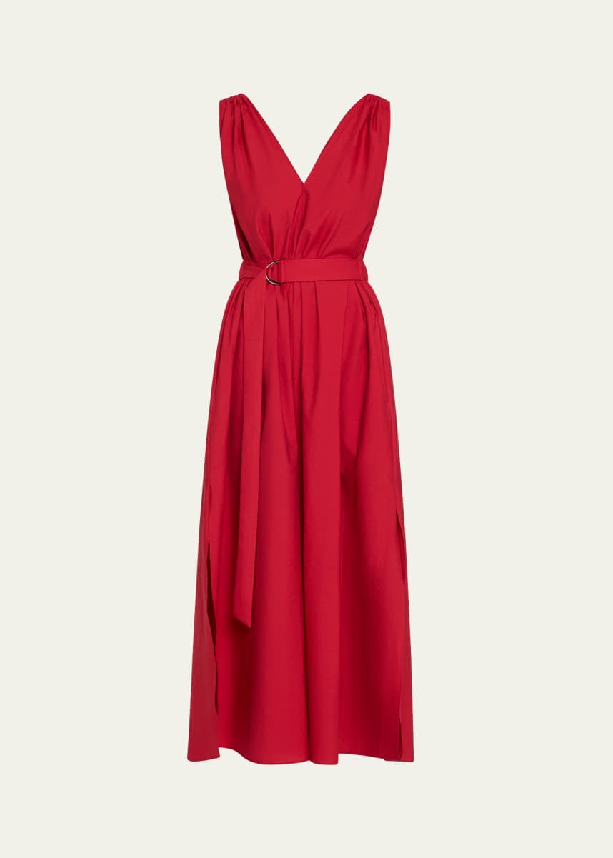 Brunello Cucinelli Monili-Shoulder Belted Crinkle Cotton Midi Dress