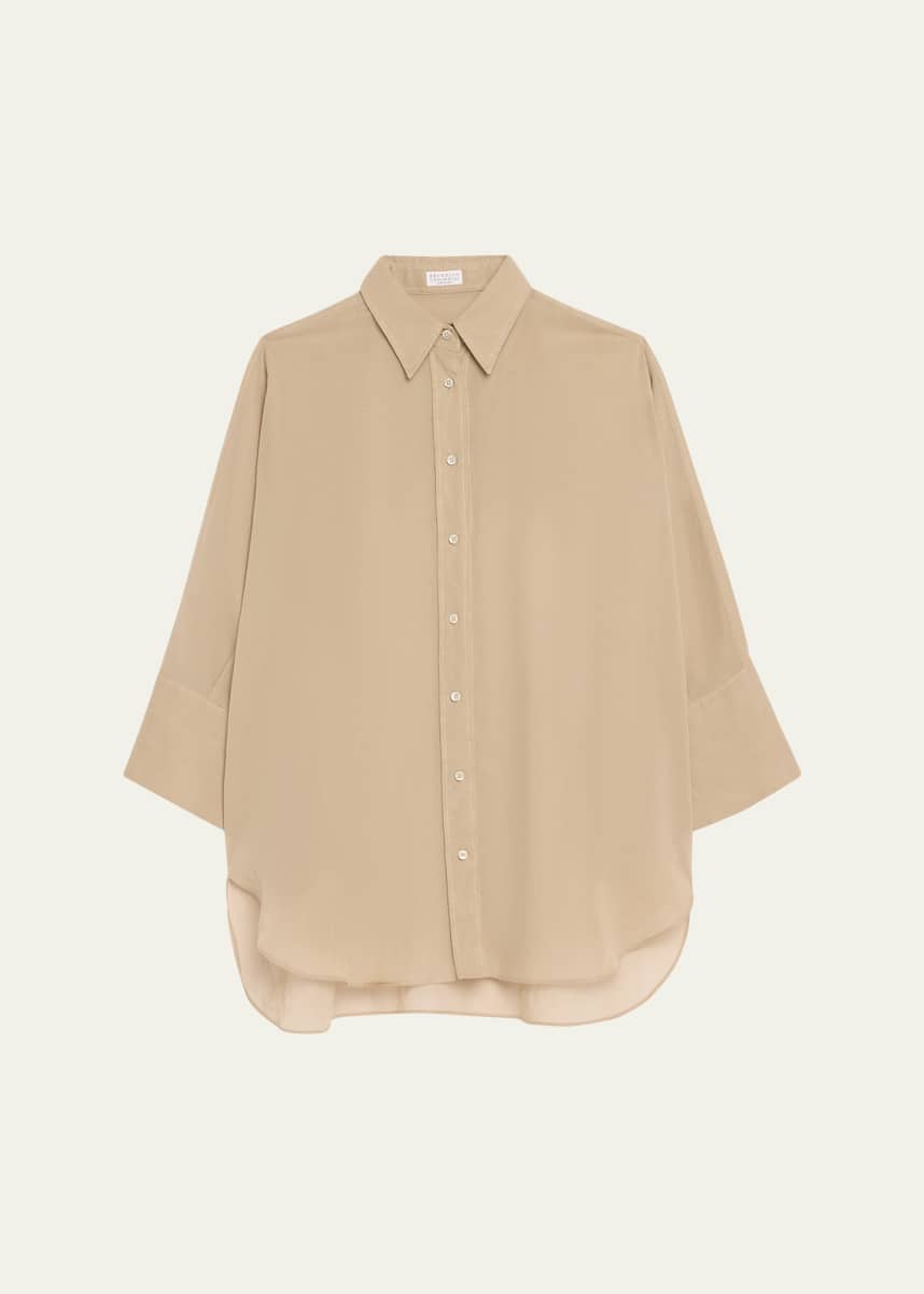 Brunello Cucinelli Embroidered-Cuff Cotton Gauze 3/4-Sleeve Shirt