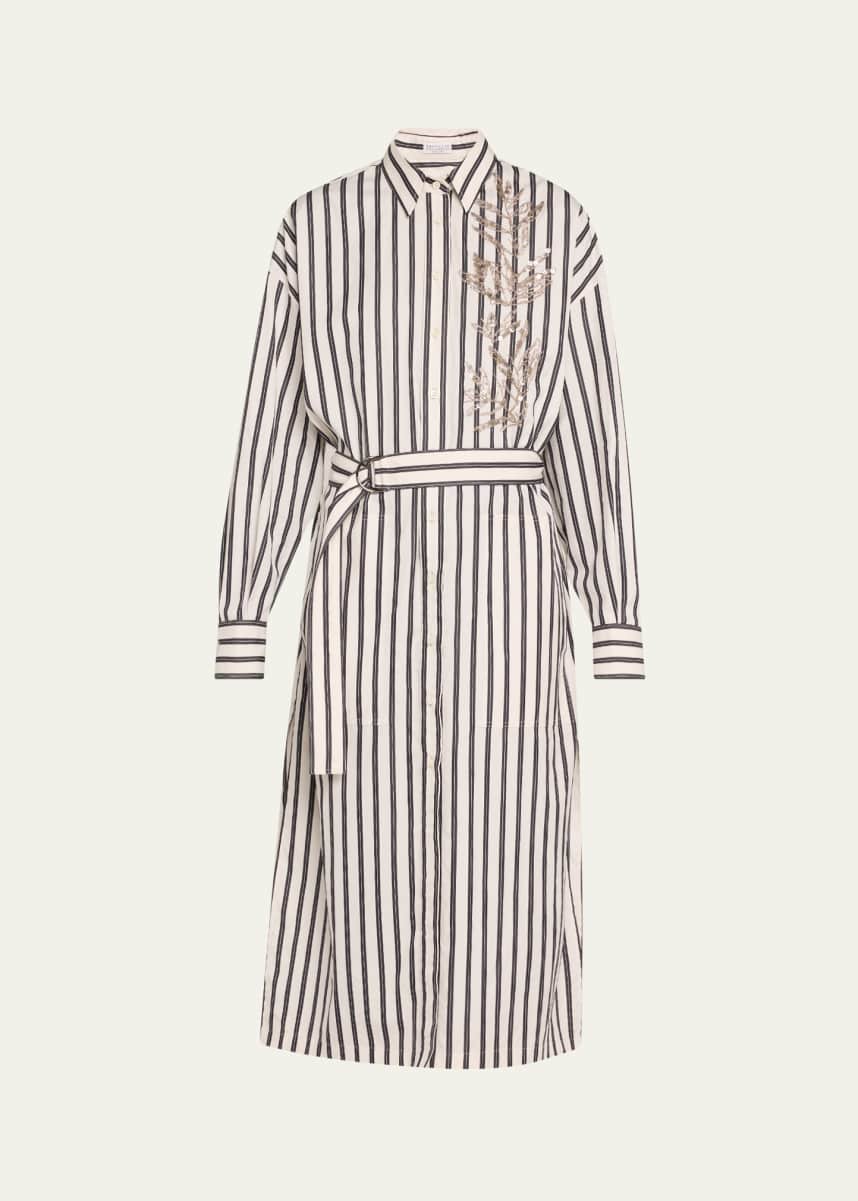 Brunello Cucinelli Stripe Sequined Herbarium Belted Midi Shirtdress