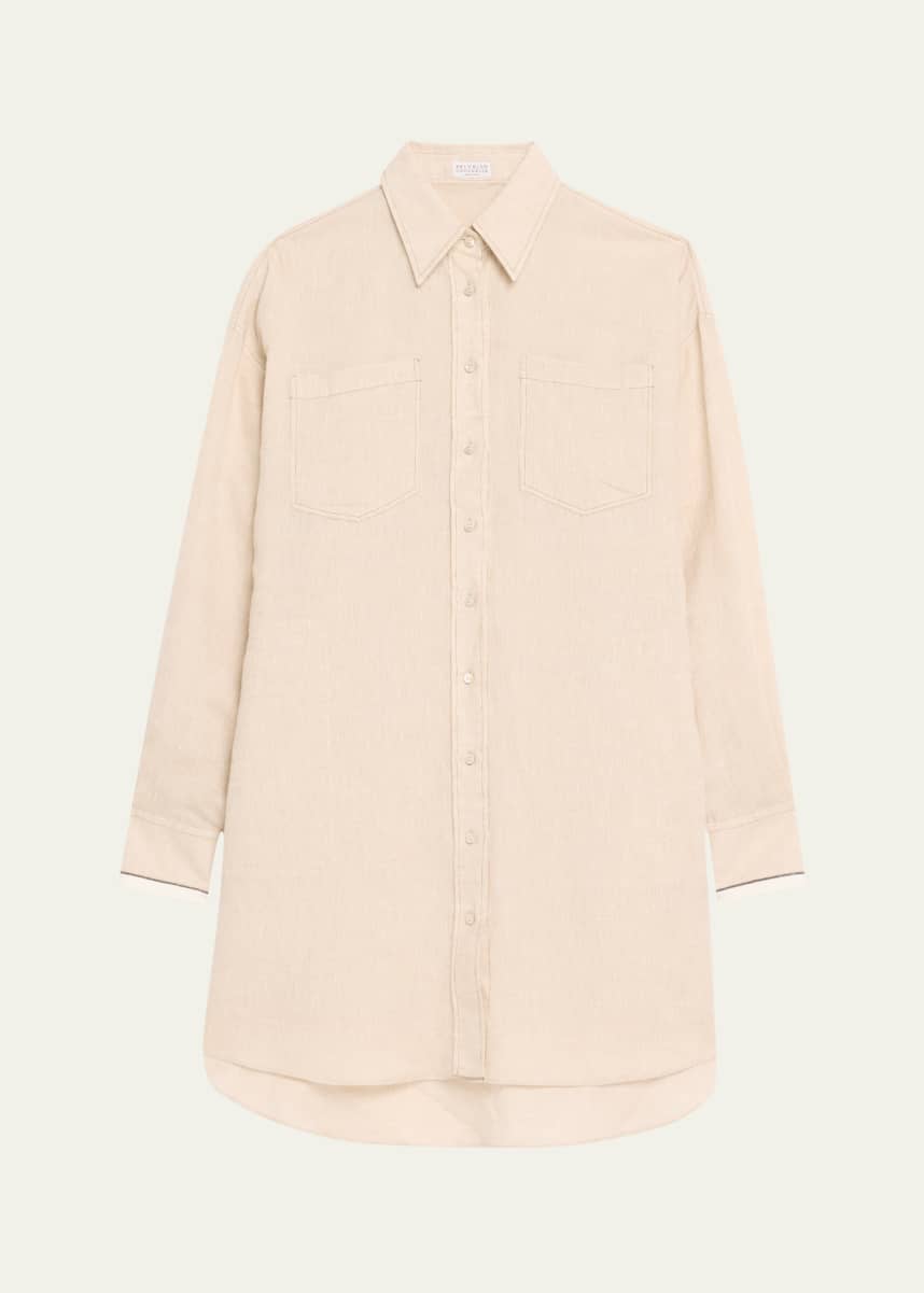 Brunello Cucinelli Linen Oversized Button Down Shirtdress with Satin Cuffs