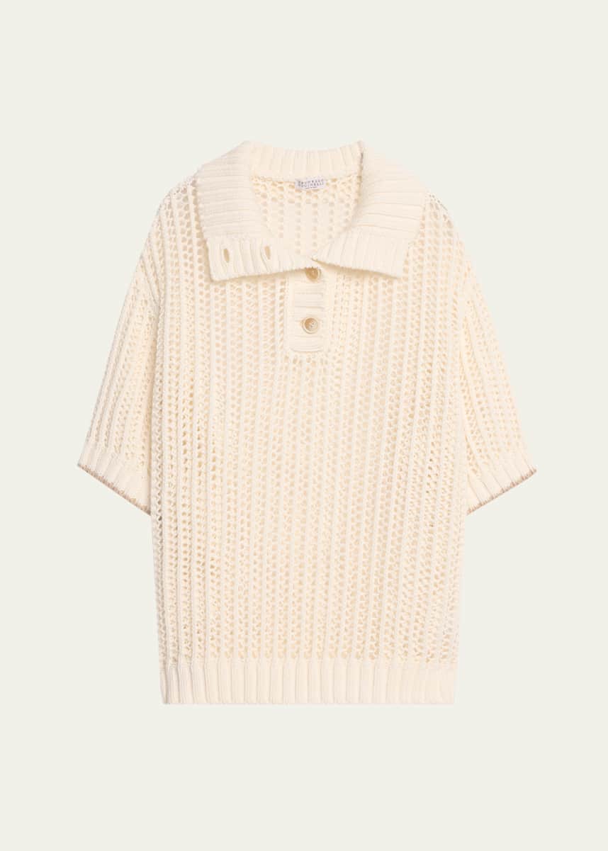 Brunello Cucinelli Short-Sleeve Summer Rope Knit Half Button Sweater