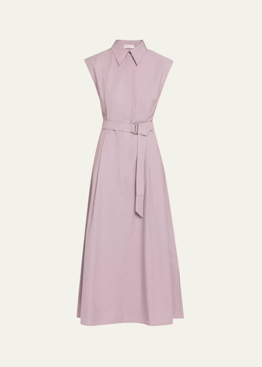Brunello Cucinelli Cap-Sleeve Belted Crispy Cotton Midi Shirtdress