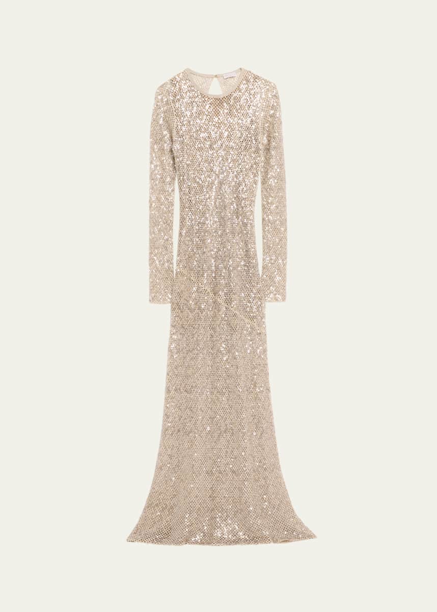 Brunello Cucinelli Paillette Net Knit Long-Sleeve Maxi Dress