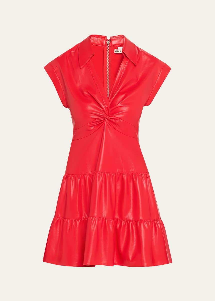 Alice + Olivia Mila Vegan Leather Deep V Twist-Front Mini Dress