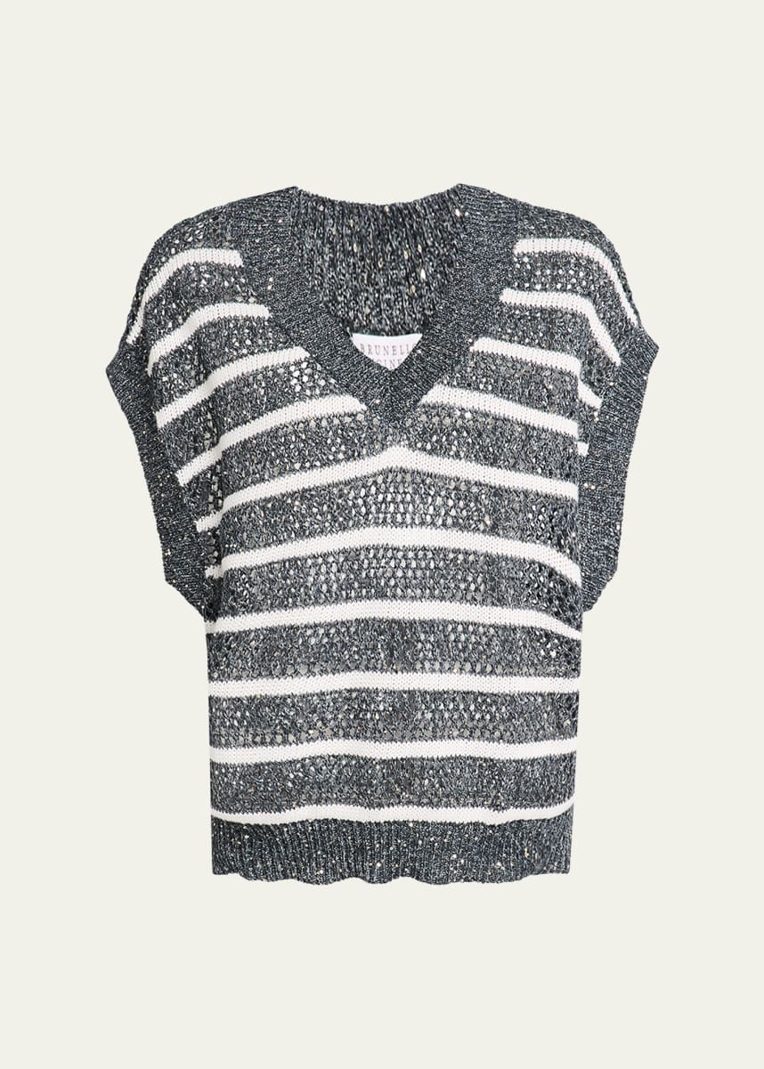 Brunello Cucinelli Antibes Striped Paillette Open-Knit Sleeveless Sweater