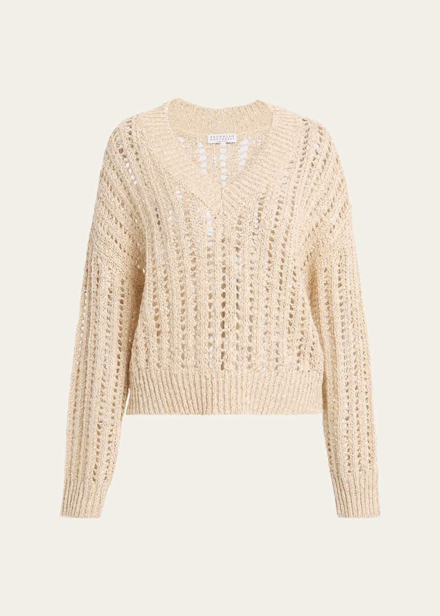 Brunello Cucinelli V-Neck Paillette Open-Weave Knit Sweater