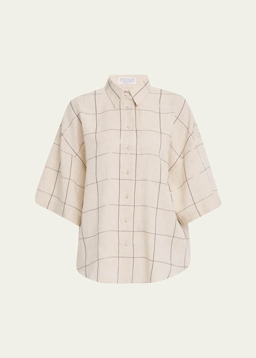 Brunello Cucinelli Paillette Check Light Linen Button-Down Shirt