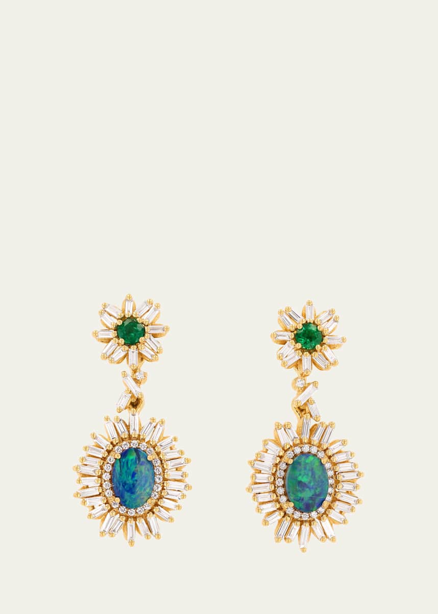 Suzanne Kalan 18K Yellow Gold One-of-a-Kind Emerald and Opal Drop Earrings with Diamonds