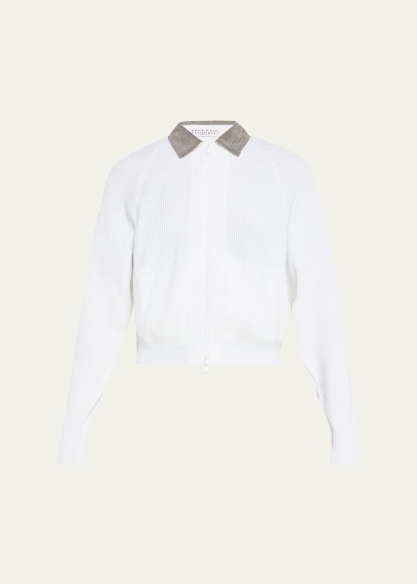 Brunello Cucinelli Monili-Collar Zip Cotton Rib Cardigan