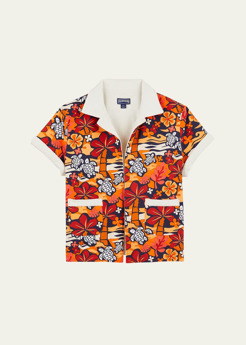 Vilebrequin Boy's Turtle-Print Cotton Bowling Shirt, Size 4-14