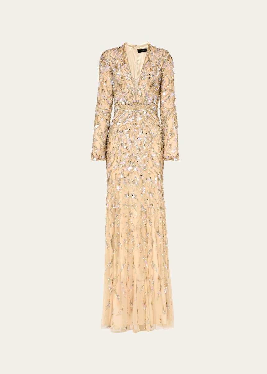 Jenny Packham Kaia Embellished Long-Sleeve Plunging Illusion Gown