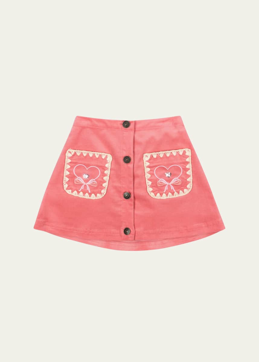 Konges Slojd Girl's Lucky Embroidered-Pocket Button-Front Skirt