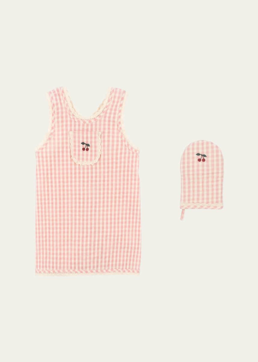 Konges Slojd Girl's Gingham-Print Frill Apron & Mitten Set
