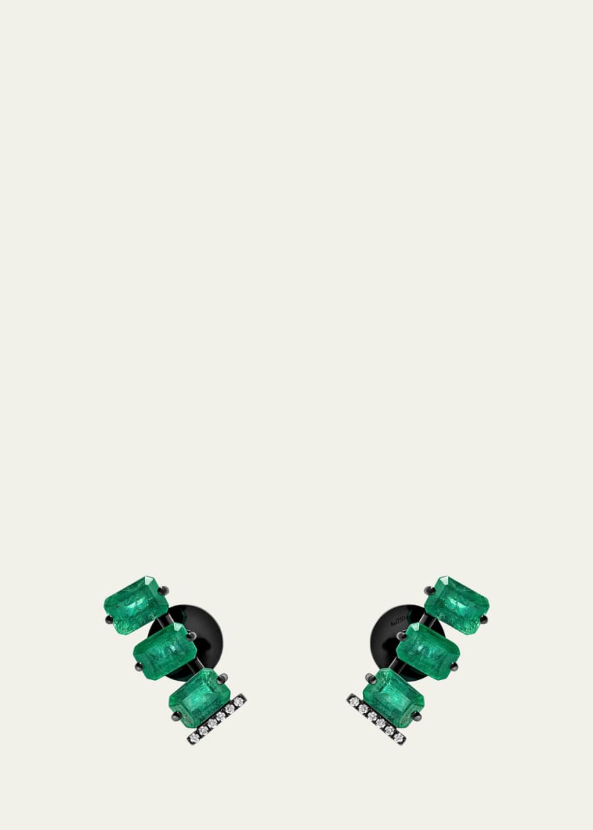 Savolinna Linette Scala 18K Black Gold Emerald Stud Earrings with Diamonds