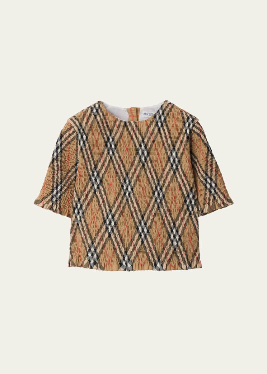 Burberry Girl's Madeline Smocked Check Ruffled Top, Size 3-14