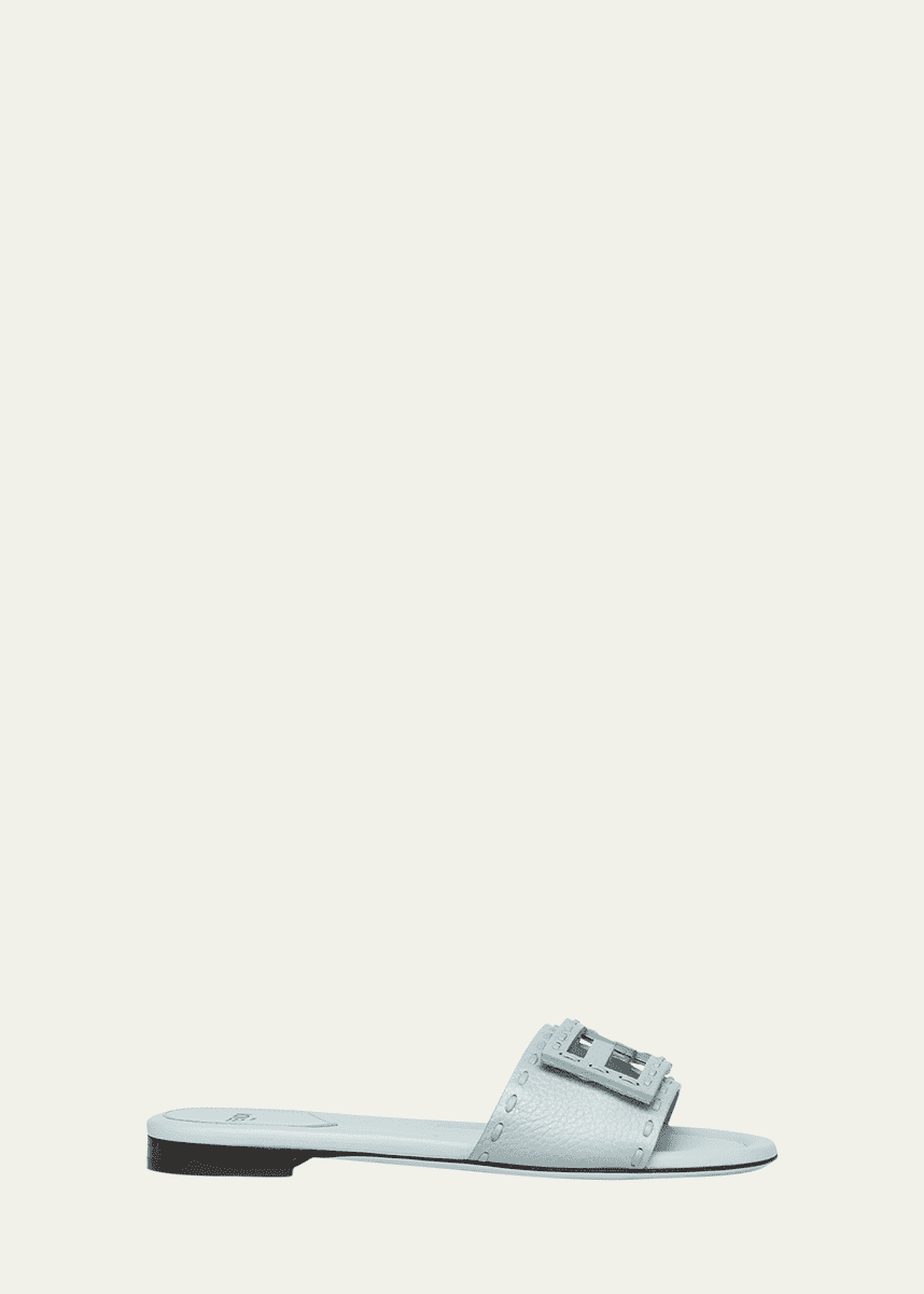 Fendi FF Leather Buckle Flat Slide Sandals