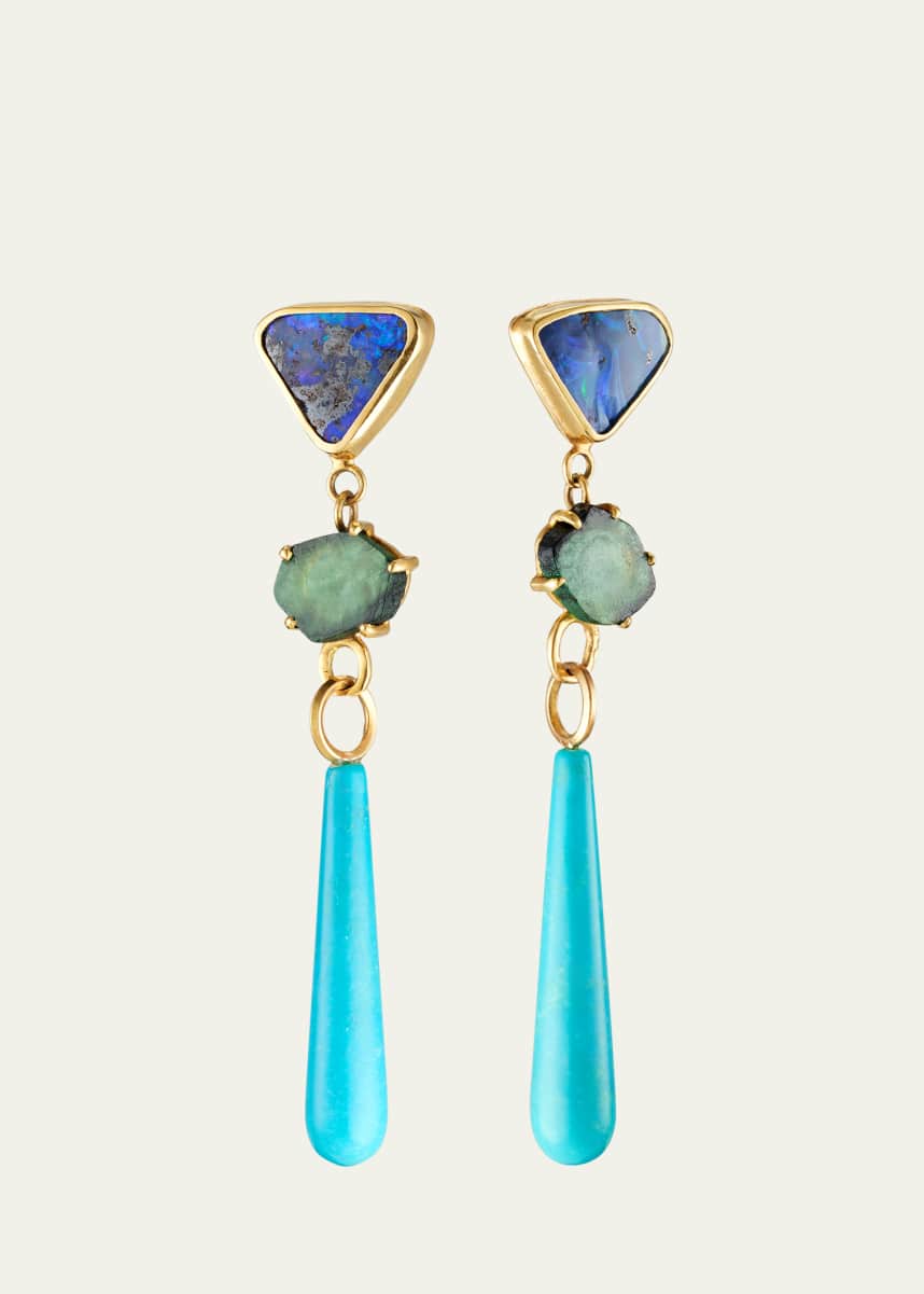Katey Walker 18K Yellow Gold Australian Blue Boulder Opal, Emerald and Turquoise Drop Earrings