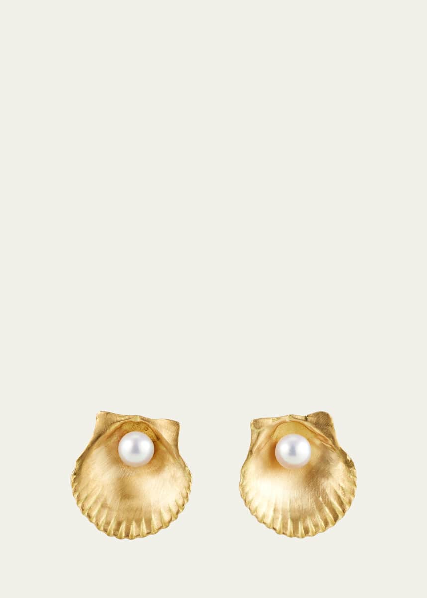 Katey Walker 18K Yellow Gold Small Scallop Shell Stud Earrings with White Pearls