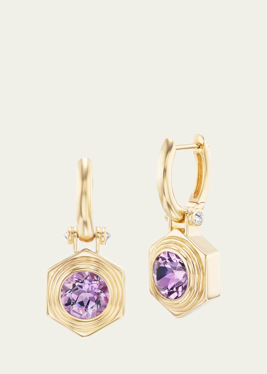 Harwell Godfrey 18K Yellow Gold Hexed Drop Huggie Earrings with Diamonds and Amethyst