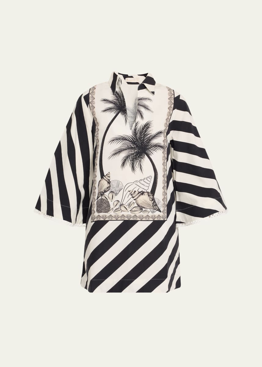 Verandah Palm Panel V-Neck Mini Kaftan Dress