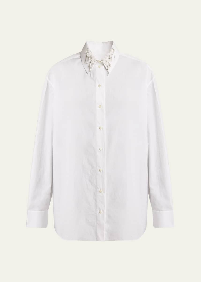 Givenchy Beaded Pearly Collar Button Down Cotton Blouse