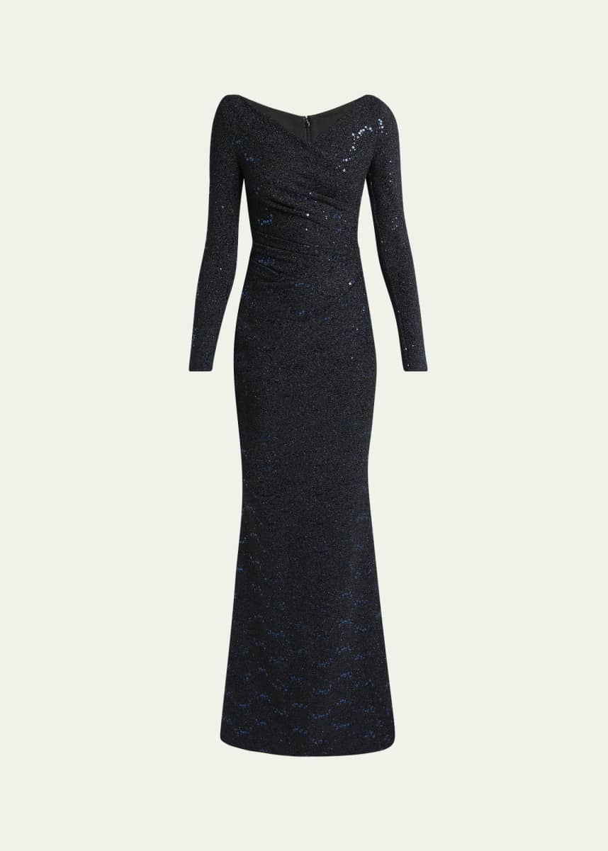 Talbot Runhof Stardust Trumpet Jersey Long-Sleeve Gown