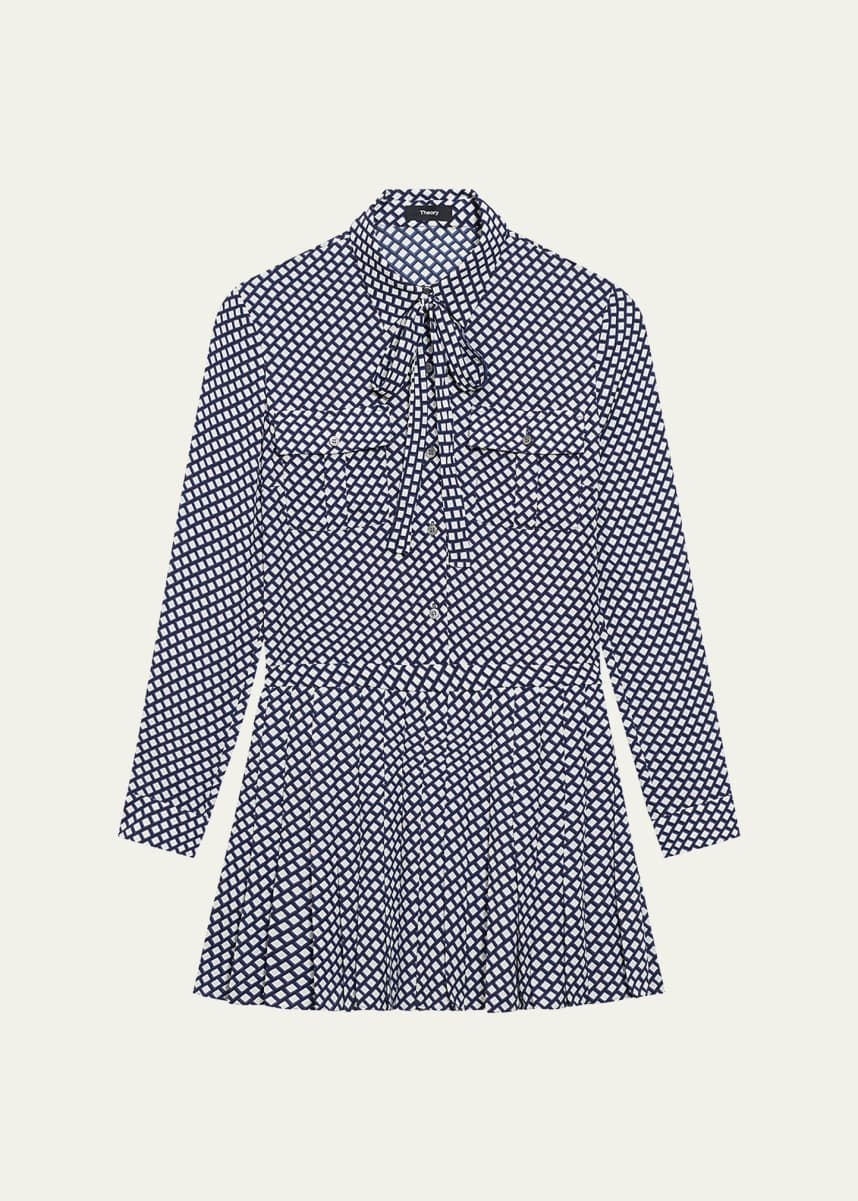 Theory Diamond Printed Pleated Neck-Tie Mini Dress