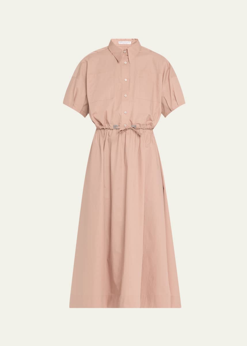 Brunello Cucinelli Fit-Flare Drawcord Poplin Asymmetric Midi Shirtdress