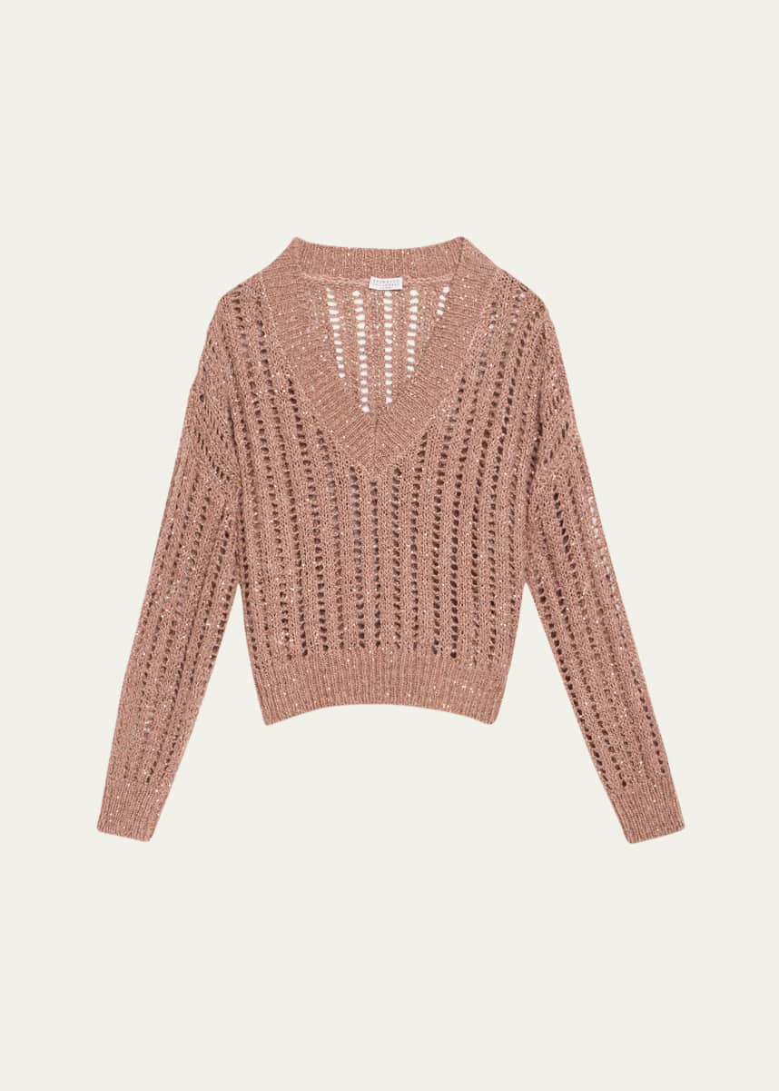 Brunello Cucinelli Paillette Open Work Ribbed V-Neck Sweater
