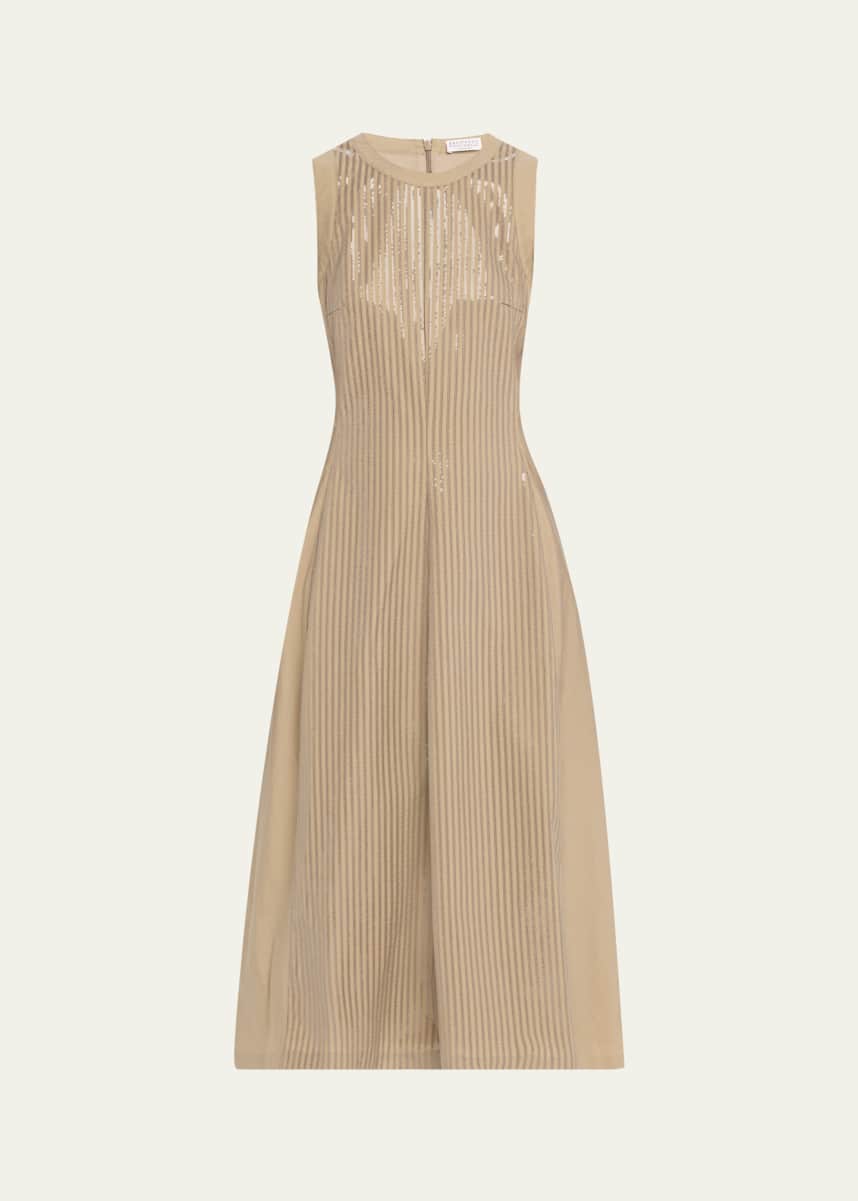 Brunello Cucinelli Front Sequined Techno Poplin Corset Midi Dress