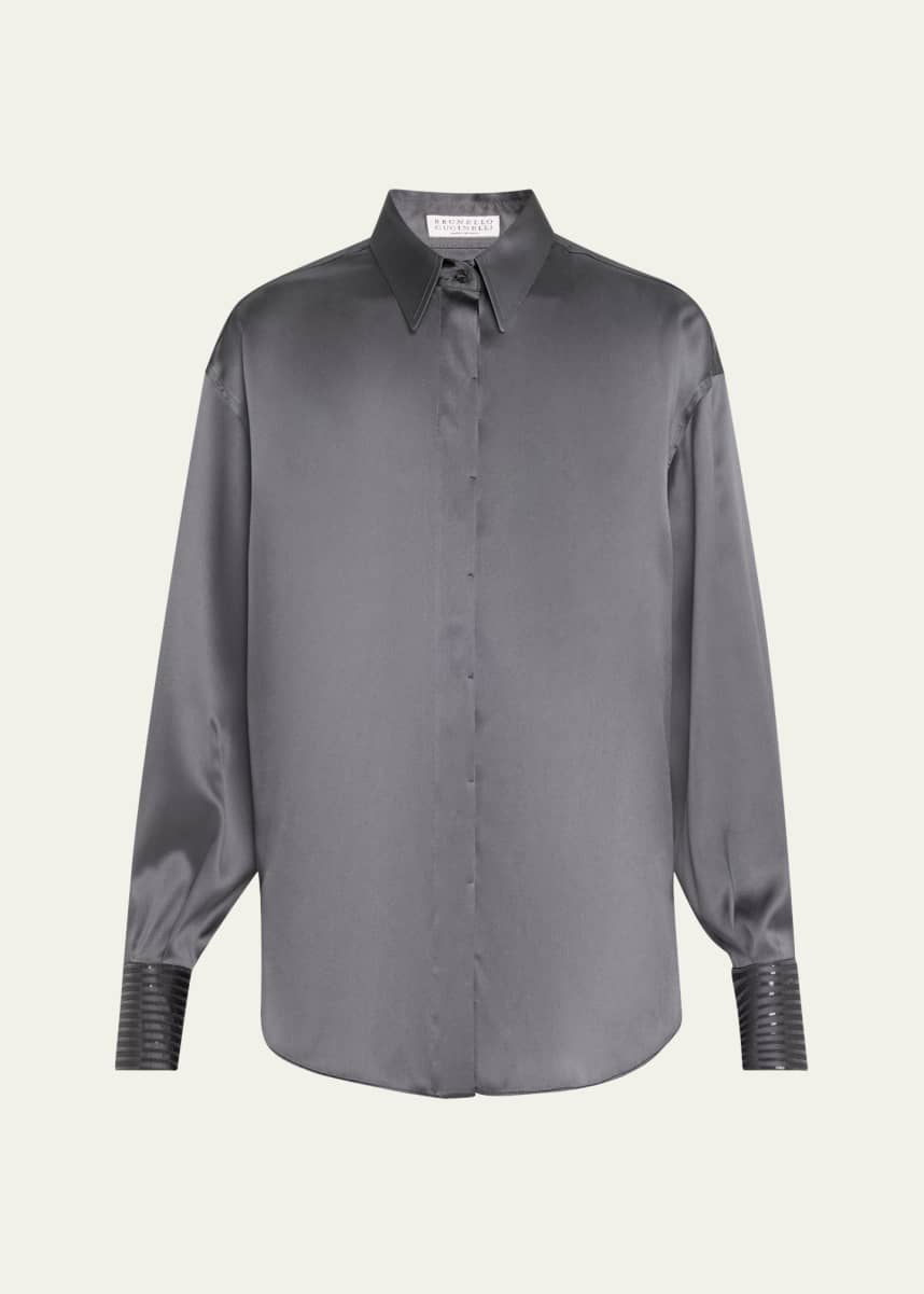 Brunello Cucinelli Sequined Cuff Satin Blouse