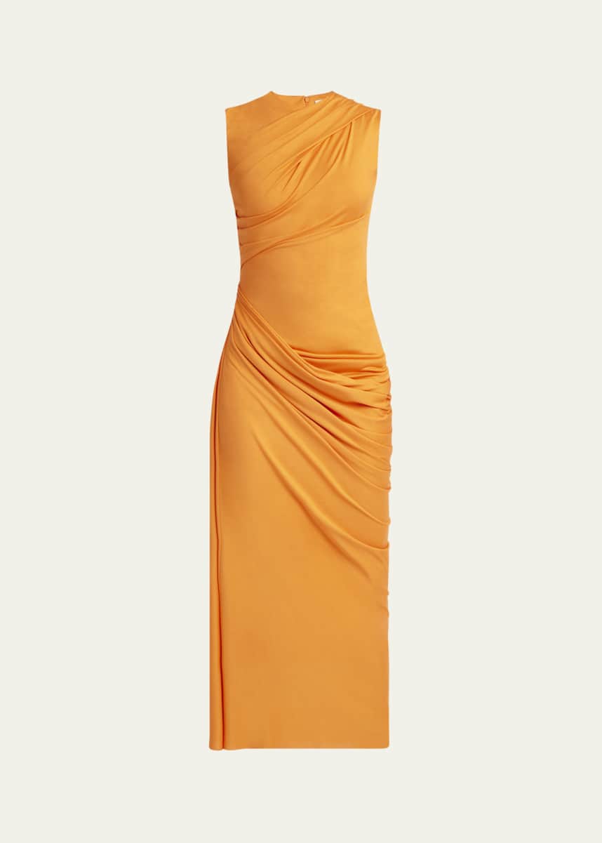 McQueen Sleeveless Draped Silk Jersey Midi Dress