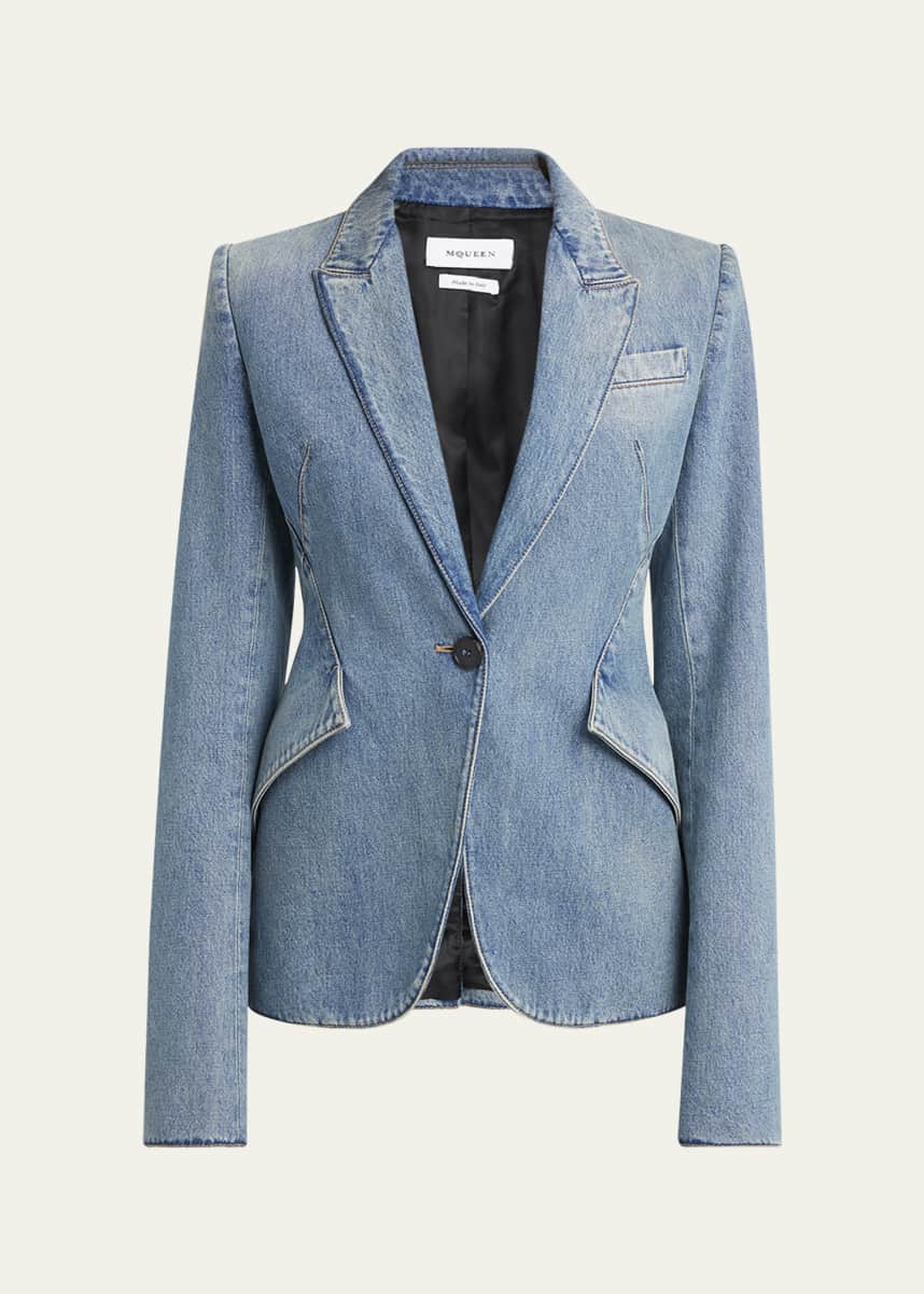 McQueen Light-Wash Denim Single-Breasted Blazer