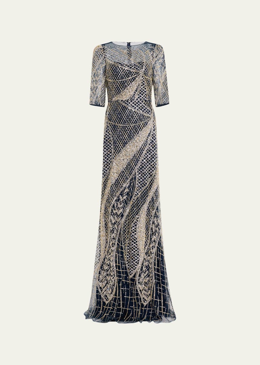 Rickie Freeman for Teri Jon Art Deco Bead & Sequin Tulle Gown