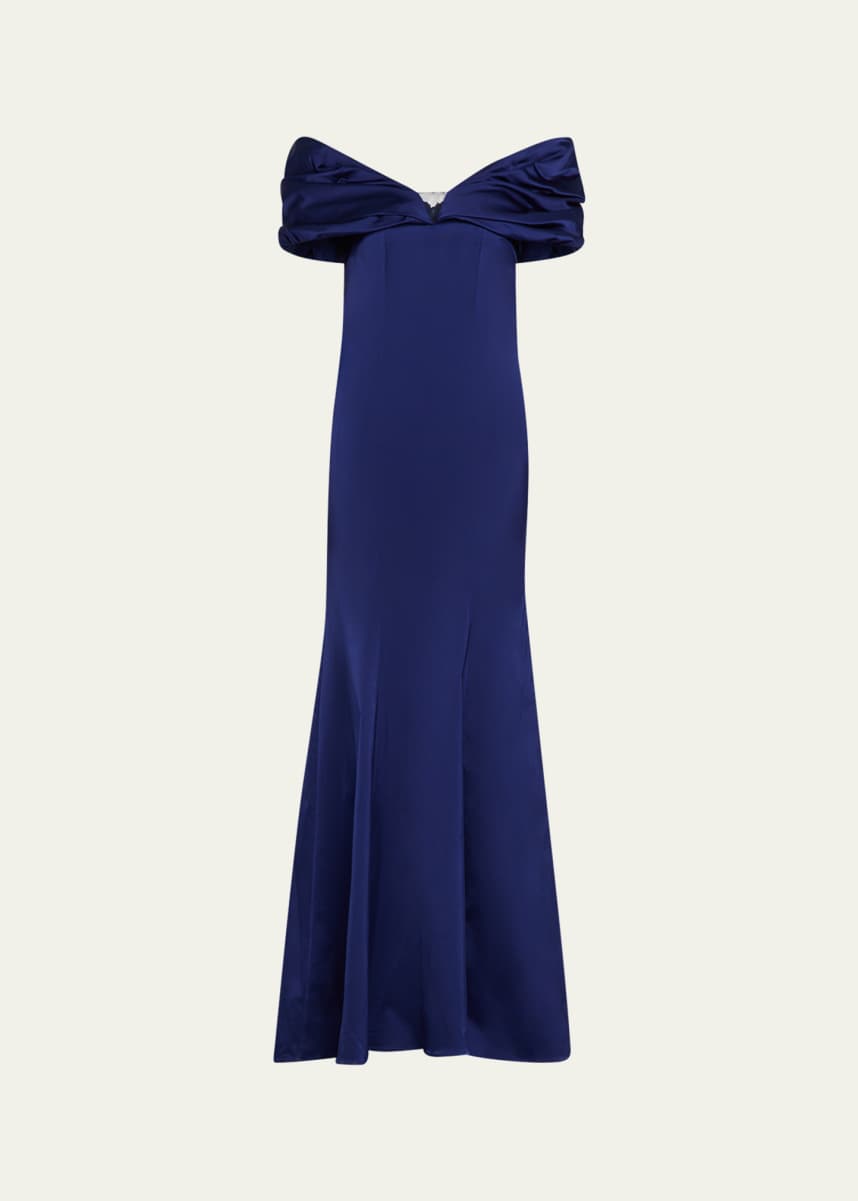Rickie Freeman for Teri Jon Off-Shoulder Stretch Satin Gown