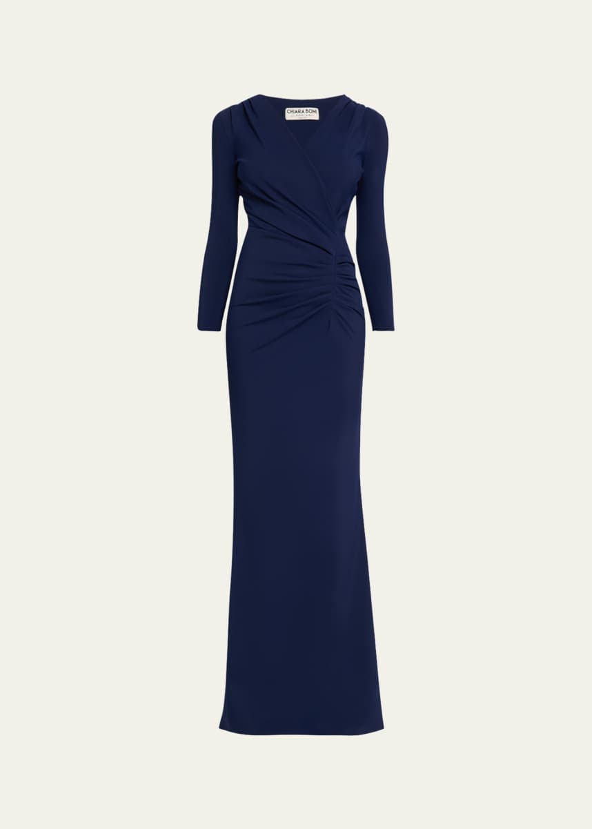 Chiara Boni La Petite Robe Ruched 3/4-Sleeve Column Gown
