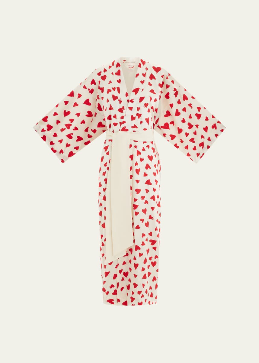 Olivia von Halle Queenie Heart-Print Silk Robe