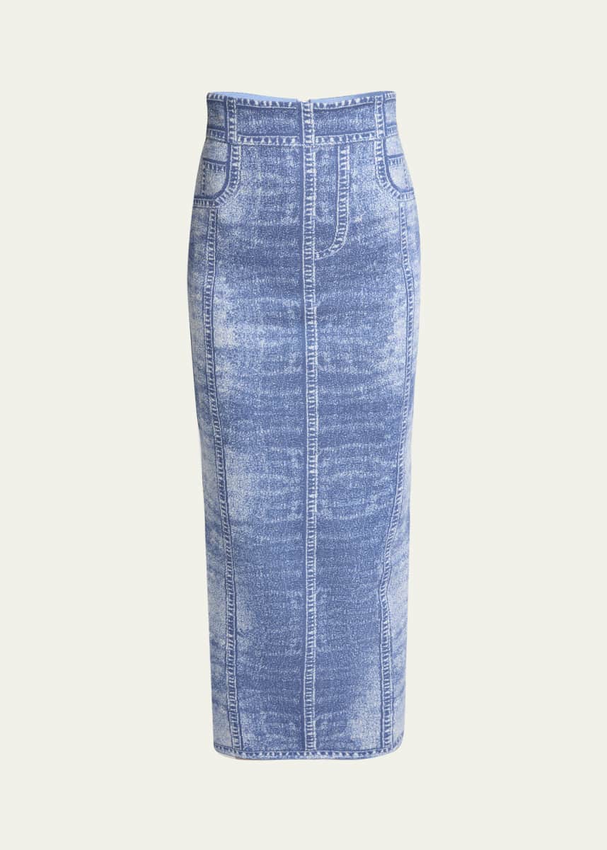 Balmain Denim Trompe Loeil Knit Pencil Skirt