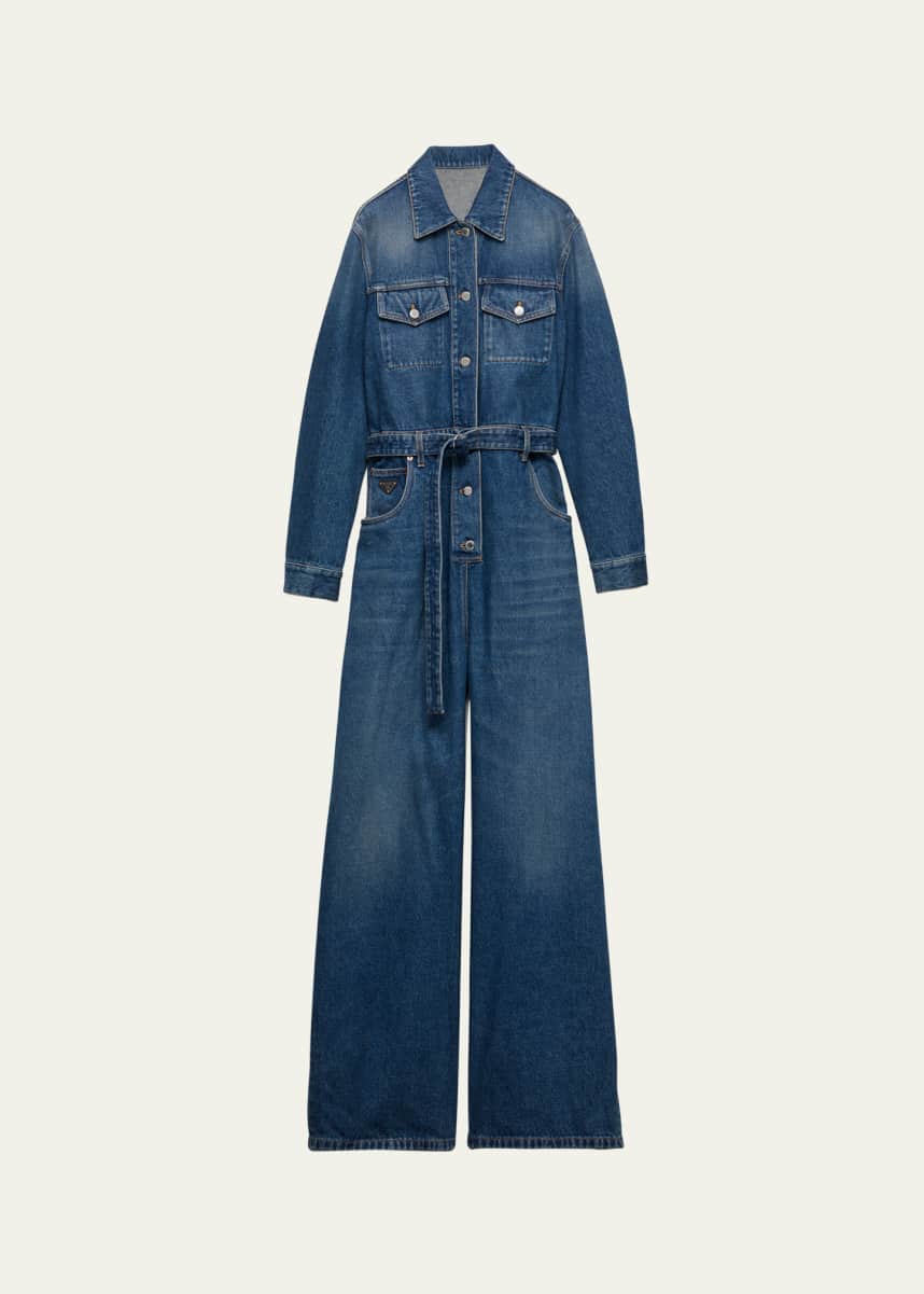 Prada Denim Belted Wide Leg Jumpsuit